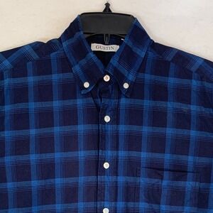 Gustin Shirt Mens Medium Blue Plaid Button Down Cotton Long Sleeve Made USA